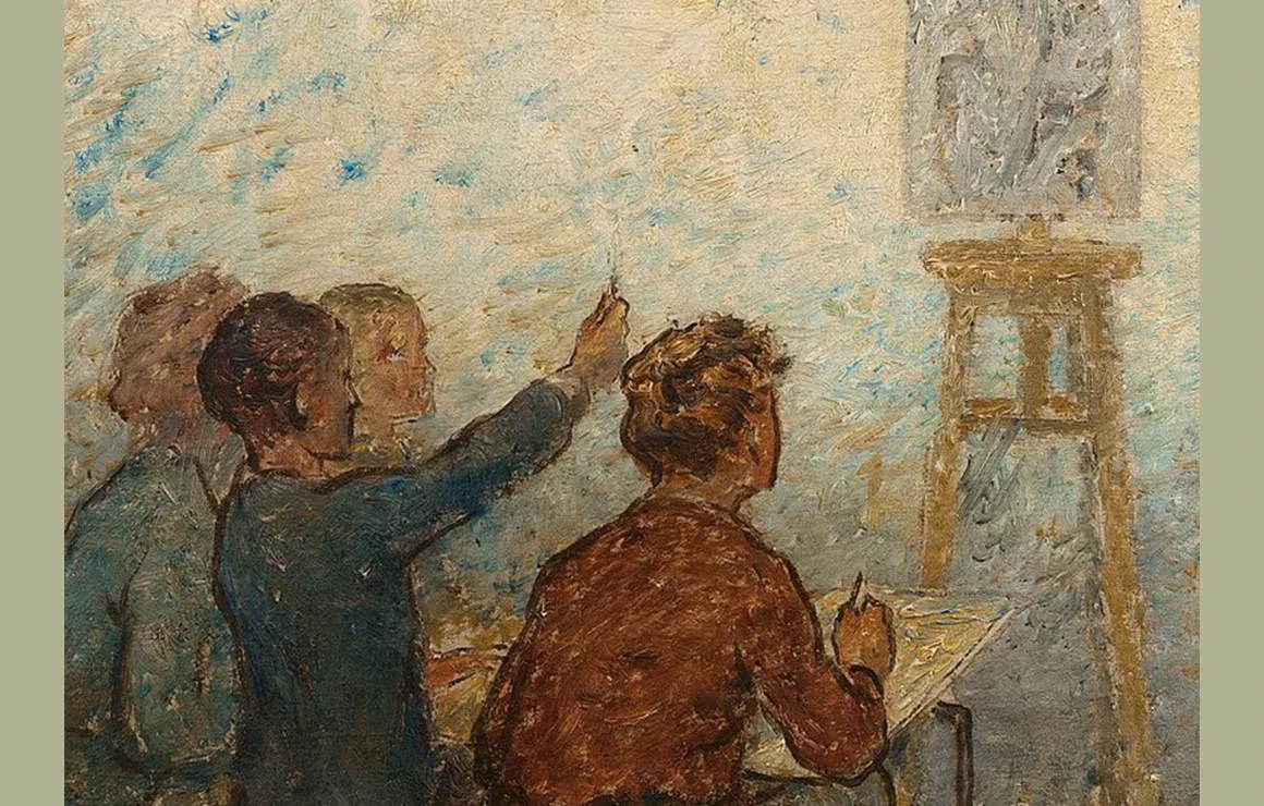 Trainees are using their thumbs to measure their subject, painting, Edmond Eugène Valton, 1879, Musée des
  Beaux-Arts de la ville de Paris.